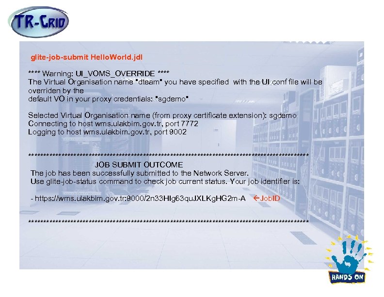 İş Göndermek glite-job-submit Hello. World. jdl **** Warning: UI_VOMS_OVERRIDE **** The Virtual Organisation name