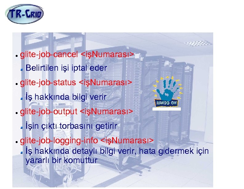 Diğer İş Komutları glite-job-cancel <işNumarası> Belirtilen işi iptal eder glite-job-status <işNumarası> İş hakkında bilgi