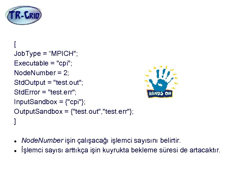 MPICH İşleri [ Job. Type = “MPICH"; Executable = "cpi"; Node. Number = 2;