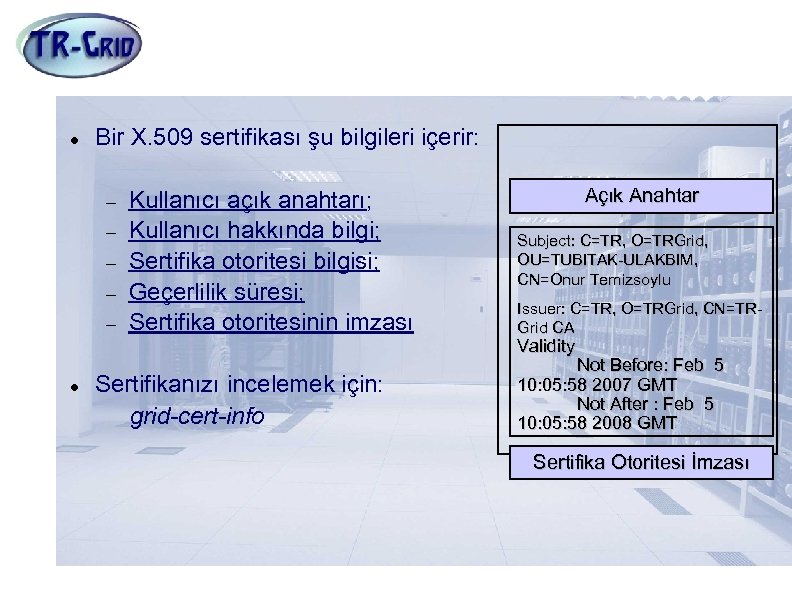 Geçici Sertifika Oluşturmak Bir X. 509 sertifikası şu bilgileri içerir: Kullanıcı açık anahtarı; Kullanıcı