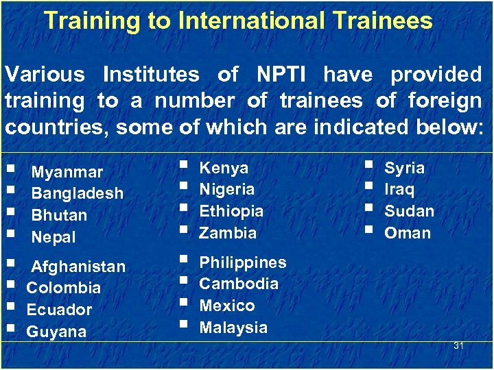 Training to International Trainees Various Institutes of NPTI have provided training to a number