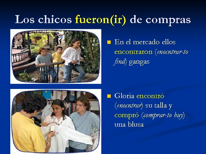 Los chicos fueron(ir) de compras n En el mercado ellos encontraron (enocntrar-to find) gangas