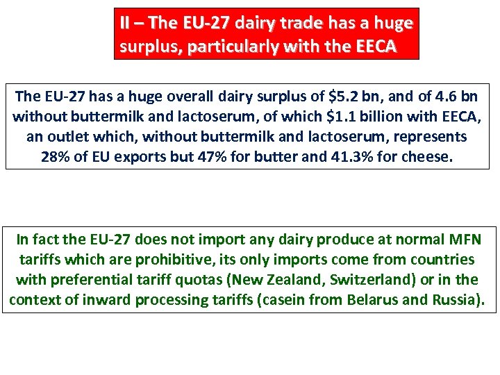 II – The EU-27 dairy trade has a huge surplus, particularly with the EECA