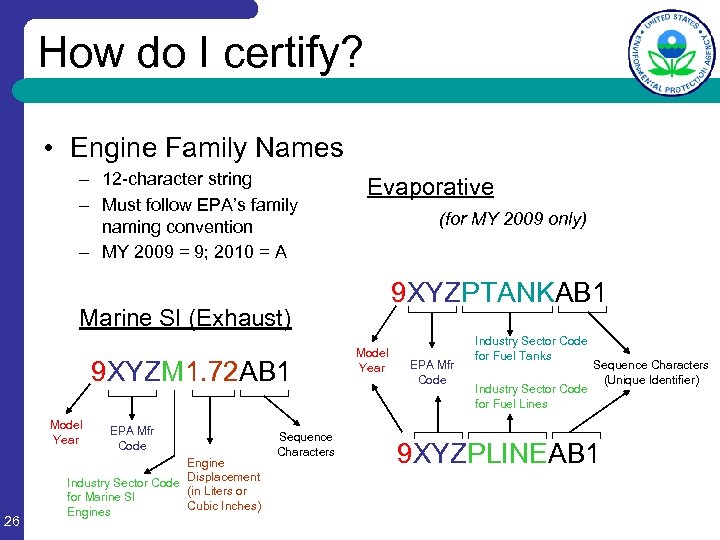 How do I certify? • Engine Family Names – 12 -character string – Must