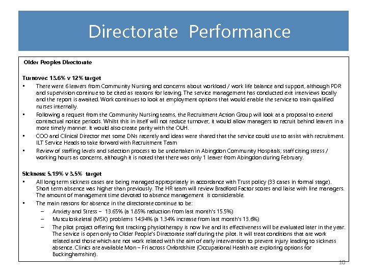 Directorate Performance Older Peoples Directorate Turnover: 13. 6% v 12% target • There were