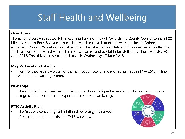 Staff Health and Wellbeing Oxon Bikes The action group was successful in receiving funding
