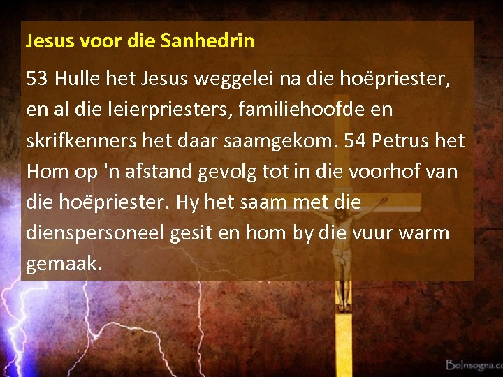 Jesus voor die Sanhedrin 53 Hulle het Jesus weggelei na die hoe priester, en