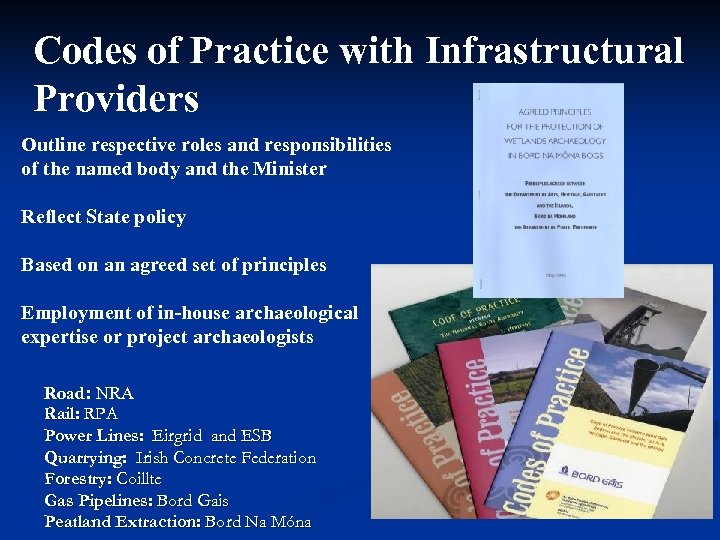 Codes of Practice with Infrastructural Providers Outline respective roles and responsibilities of the named