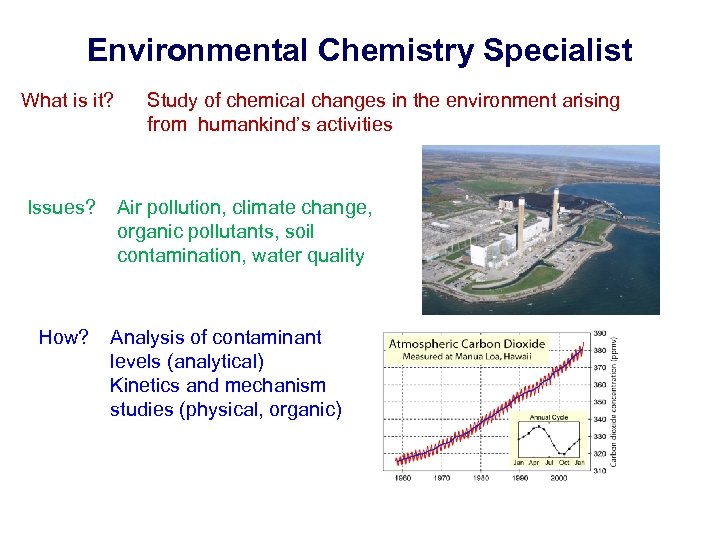 Environmental Chemistry Specialist What is it? Issues? How? Study of chemical changes in the