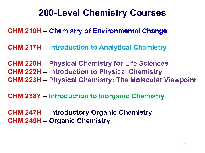 200 -Level Chemistry Courses CHM 210 H – Chemistry of Environmental Change CHM 217