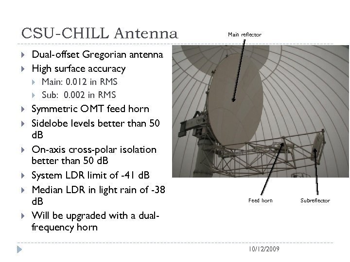 CSU-CHILL Antenna Dual-offset Gregorian antenna High surface accuracy Main reflector Main: 0. 012 in