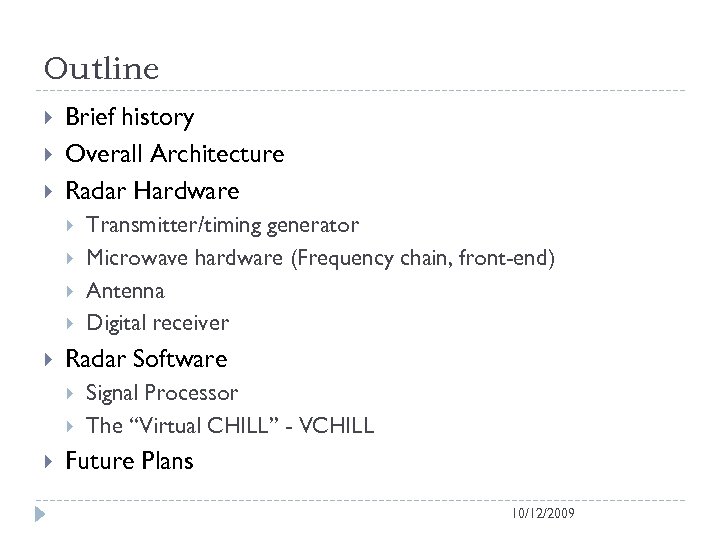 Outline Brief history Overall Architecture Radar Hardware Radar Software Transmitter/timing generator Microwave hardware (Frequency