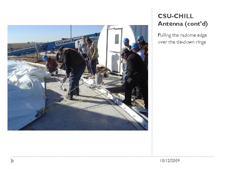CSU-CHILL Antenna (cont’d) Pulling the radome edge over the tie-down rings 10/12/2009 