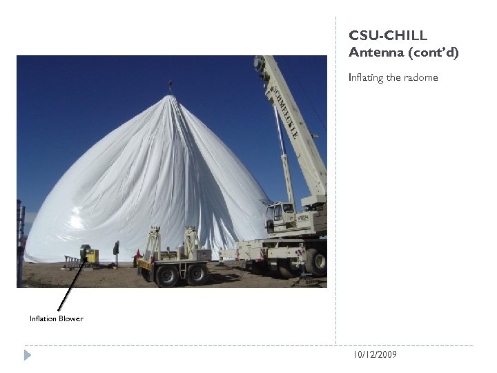 CSU-CHILL Antenna (cont’d) Inflating the radome Inflation Blower 10/12/2009 