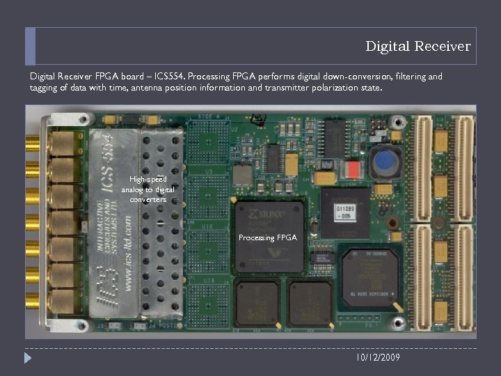 Digital Receiver FPGA board – ICS 554. Processing FPGA performs digital down-conversion, filtering and