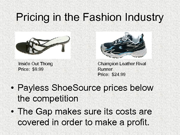 Pricing in the Fashion Industry Inside Out Thong Price: $9. 99 Champion Leather Rival