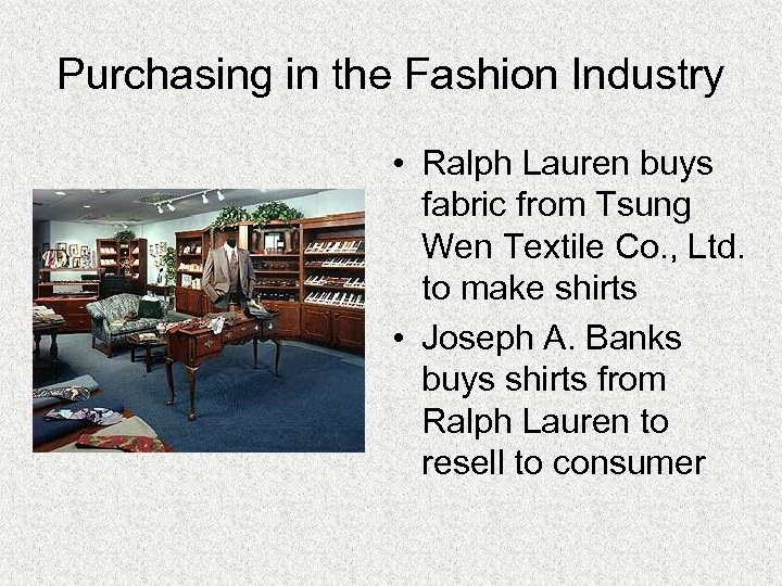 Purchasing in the Fashion Industry • Ralph Lauren buys fabric from Tsung Wen Textile