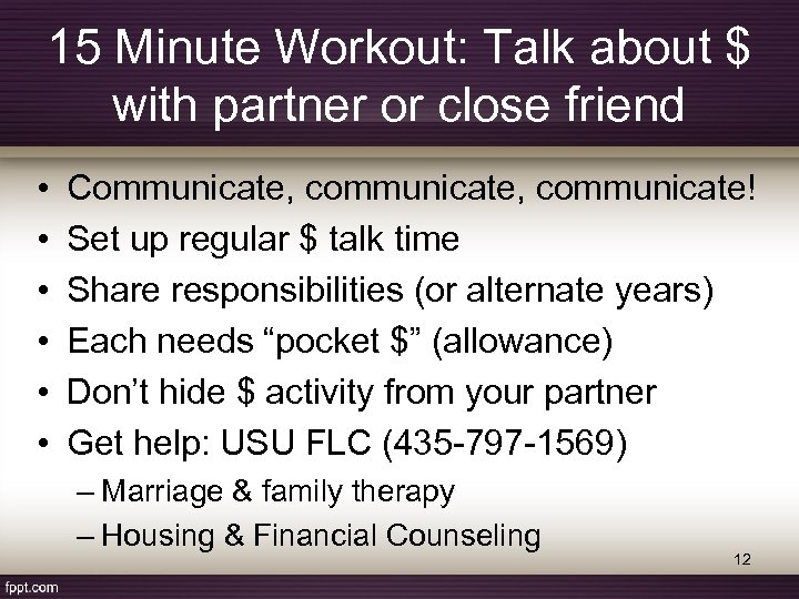 15 Minute Workout: Talk about $ with partner or close friend • • •