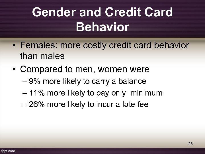 Gender and Credit Card Behavior • Females: more costly credit card behavior than males