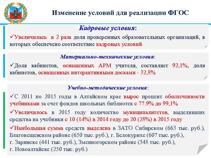 Изменение условий для реализации ФГОС Кадровые условия: üУвеличилась в 2 раза доля проверенных образовательных