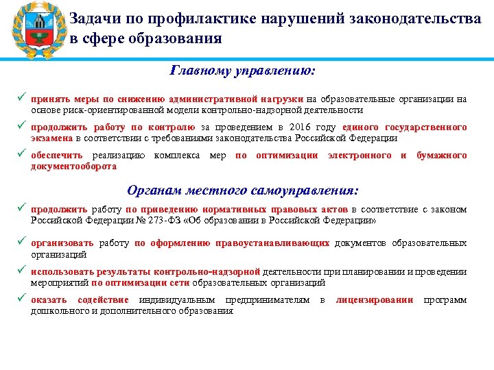 Задачи по профилактике нарушений законодательства в сфере образования Главному управлению: ü принять меры по