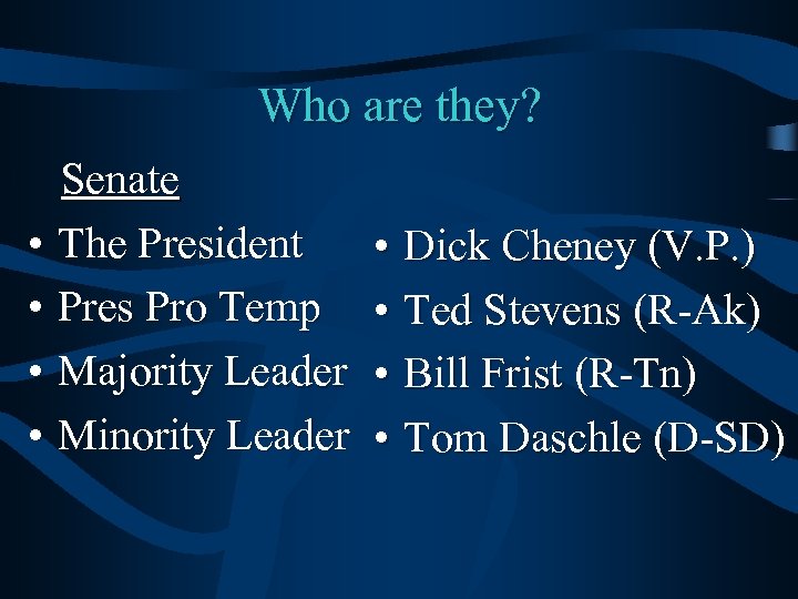 Who are they? Senate • The President • Pres Pro Temp • Majority Leader