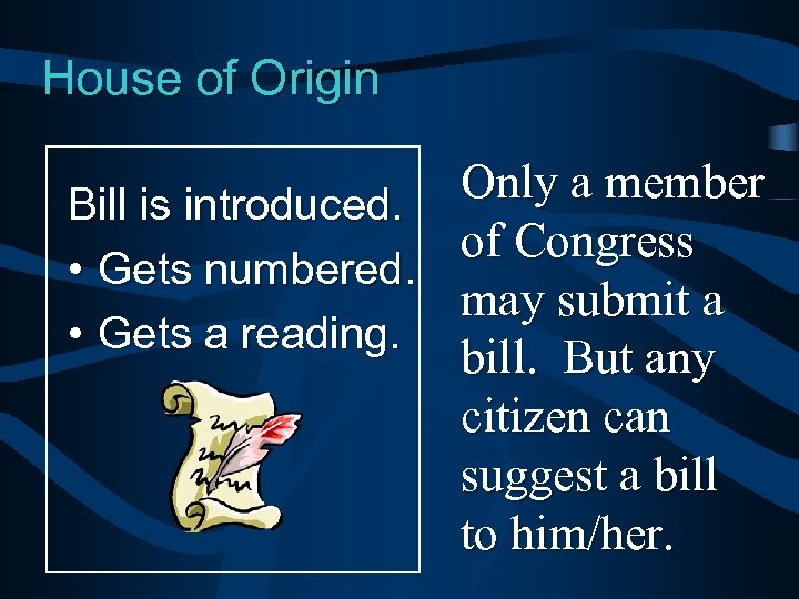 House of Origin Only a member Bill is introduced. of Congress • Gets numbered.