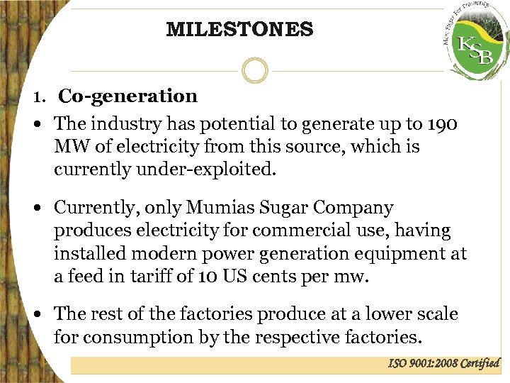MILESTONES 1. Co-generation The industry has potential to generate up to 190 MW of