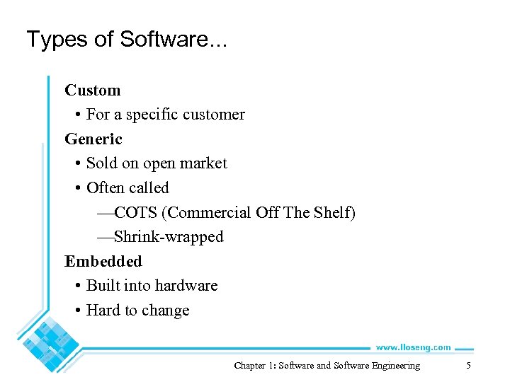 Types of Software. . . Custom • For a specific customer Generic • Sold