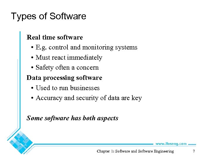 Types of Software Real time software • E. g. control and monitoring systems •