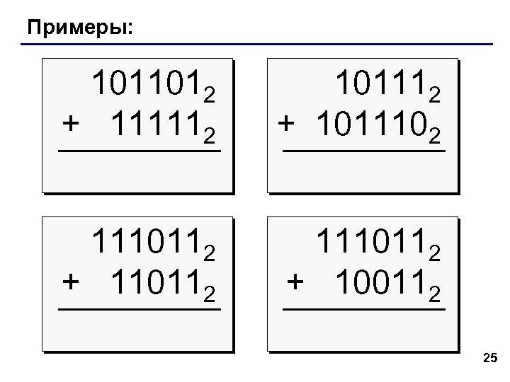 Примеры: 1011012 + 111112 101112 + 1011102 1110112 + 110112 1110112 + 100112 25