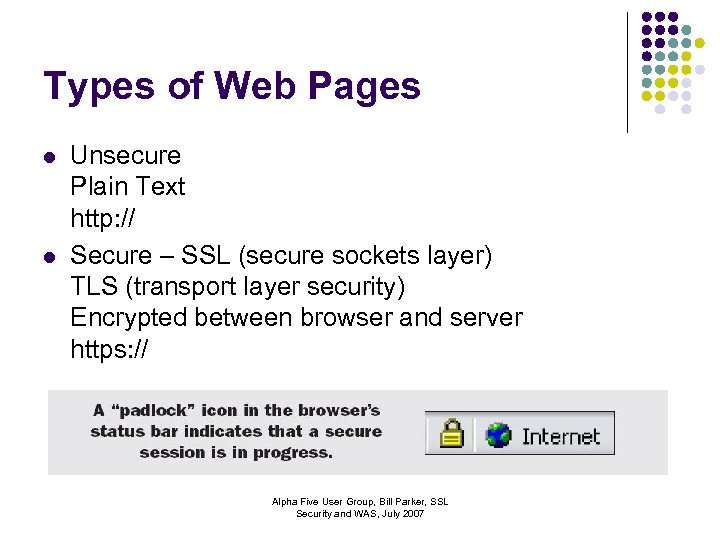 Types of Web Pages l l Unsecure Plain Text http: // Secure – SSL