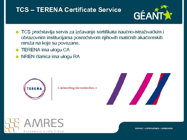 TCS – TERENA Certificate Service TCS predstavlja servis za izdavanje sertifikata naučno-istraživačkim i obrazovnim