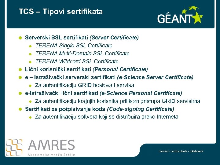 TCS – Tipovi sertifikata Serverski SSL sertifikati (Server Certificate) TERENA Single SSL Certificate TERENA