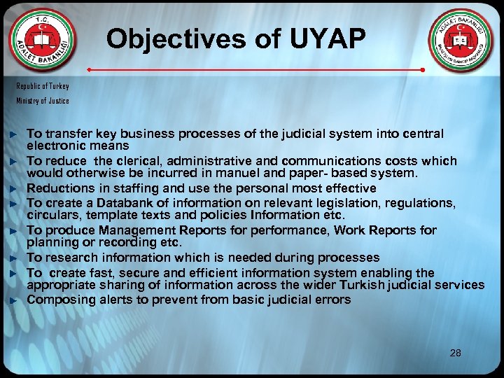 Objectives of UYAP Republic of Turkey Ministry of Justice To transfer key business processes