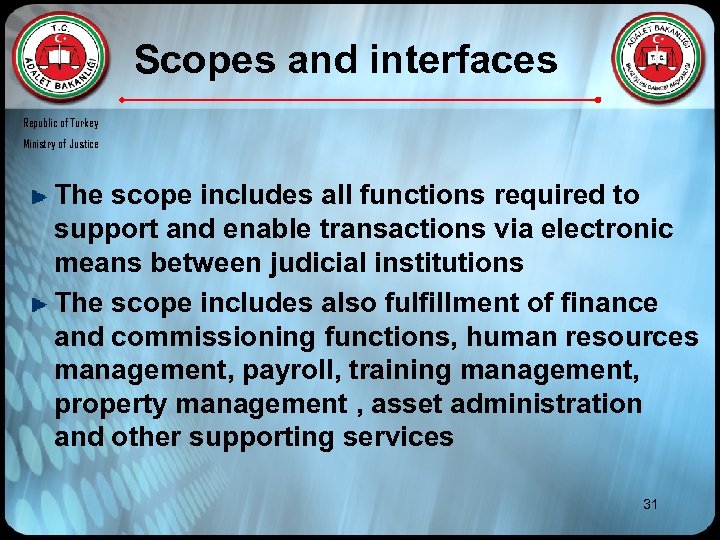 Scopes and interfaces Republic of Turkey Ministry of Justice The scope includes all functions