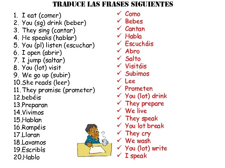 traduce las frases siguientes 1. I eat (comer) 2. You (sg) drink (beber) 3.