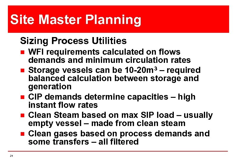 Site Master Planning Sizing Process Utilities n n n 20 WFI requirements calculated on
