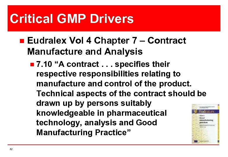 Critical GMP Drivers n Eudralex Vol 4 Chapter 7 – Contract Manufacture and Analysis