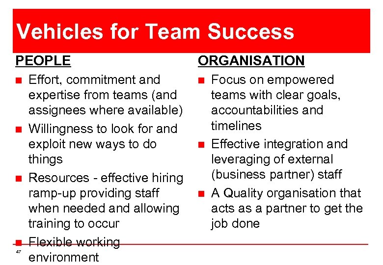 Vehicles for Team Success PEOPLE n n 47 Effort, commitment and expertise from teams
