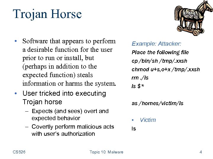 Trojan Horse • Software that appears to perform a desirable function for the user