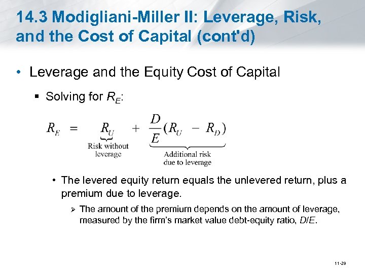 14. 3 Modigliani-Miller II: Leverage, Risk, and the Cost of Capital (cont'd) • Leverage