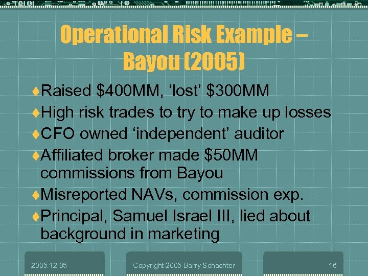 Operational Risk Example – Bayou (2005) t. Raised $400 MM, ‘lost’ $300 MM t.