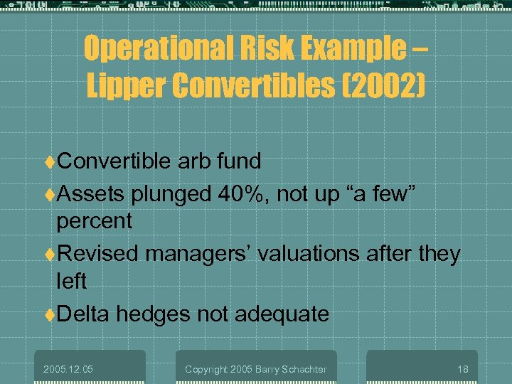 Operational Risk Example – Lipper Convertibles (2002) t. Convertible arb fund t. Assets plunged