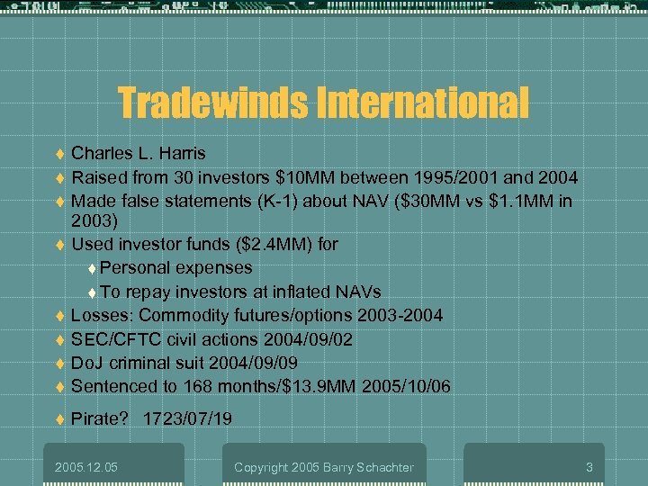 Tradewinds International t Charles L. Harris Raised from 30 investors $10 MM between 1995/2001