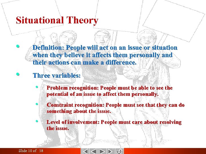 Introduction to Public Relations Theoretical Basis Situational Theory • Definition: People will act on