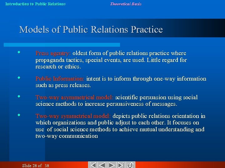 Introduction to Public Relations Theoretical Basis Models of Public Relations Practice • Press agentry: