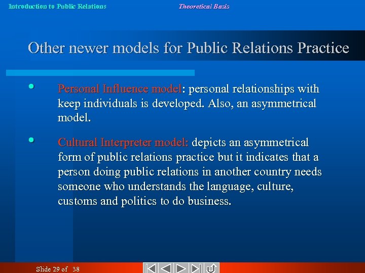 Introduction to Public Relations Theoretical Basis Other newer models for Public Relations Practice •