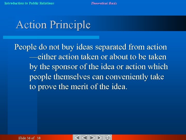 Introduction to Public Relations Theoretical Basis Action Principle People do not buy ideas separated