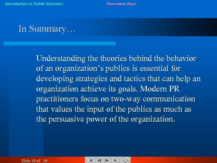 Introduction to Public Relations Theoretical Basis In Summary… Understanding theories behind the behavior of